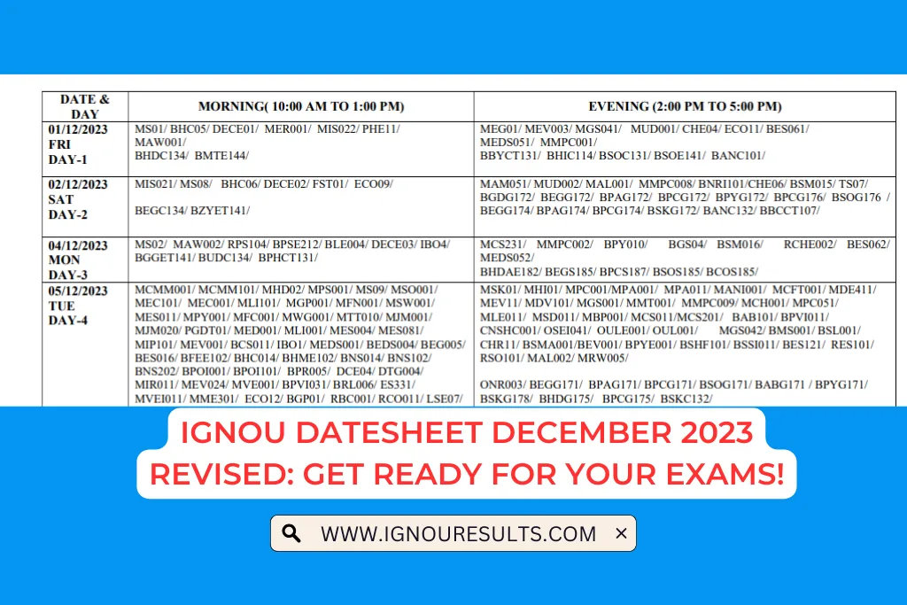 IGNOU Datesheet December 2023 Revised Get Ready for Your Exams