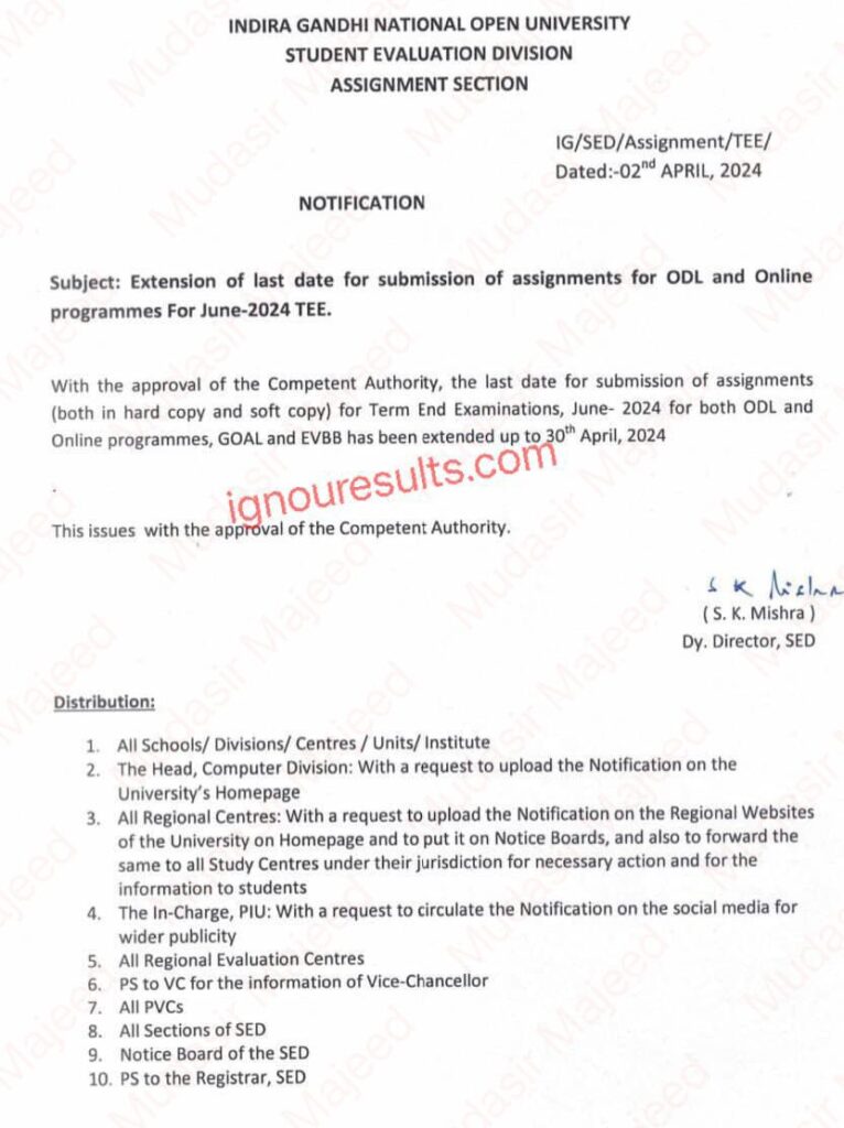 does ignou extended assignment submission date